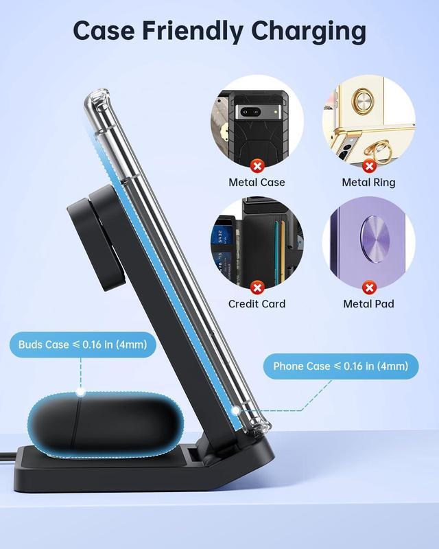 Alt view image 7 of 7 - 3 in 1 Foldable Wireless Charging Station for Google Pixel Watch 1, Pixel Buds Pro and Google Phones Fold/8 Pro/8/7 Pro/7a/7/6 Pro/6/5/4/3/XL, Wireless Charger with QC 18W Adapter, Black