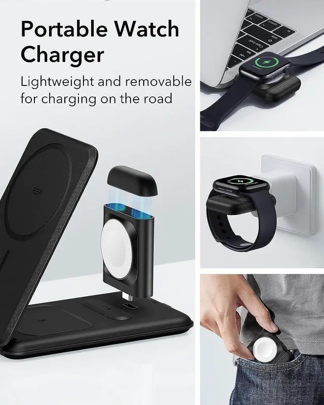 Alt view image 5 of 7 - ESR 3 in 1 Charger for Magsafe, Travel Charger Stand for Magsafe, Made for Apple Watch Certified, Foldable Charging Station Compatible with Magsafe and iPhone 15/14/13/12, AirPods Pro, Black