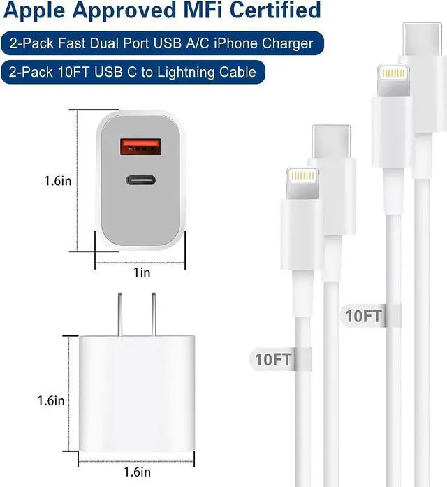 Alt view image 7 of 7 - Fast Charger iPhone Dual Port A/C Charging Adapter 2Pack Quick Double Wall Charger Block  Charger Block 10FT USBC to Lightning Cable for iPhone 14/13/12/11/ProMax/XS/XR