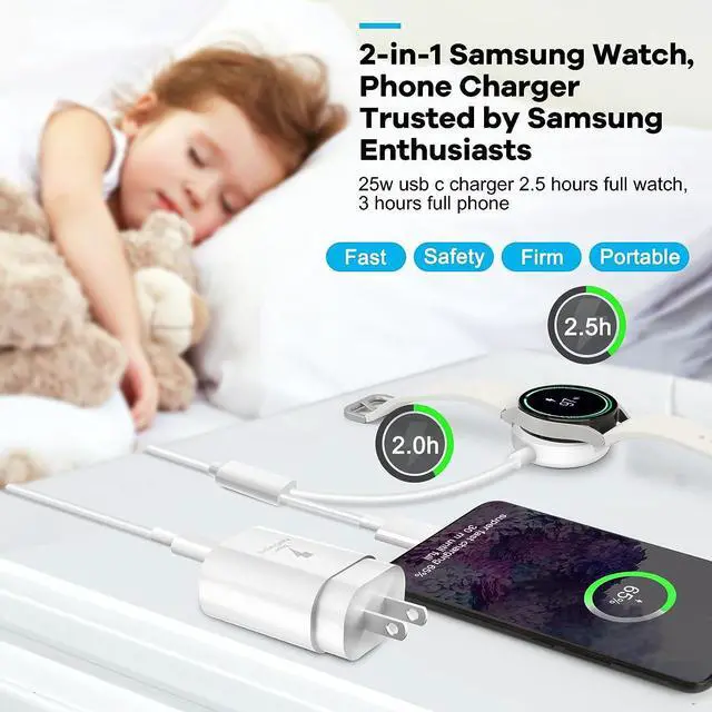 Alt view image 2 of 7 - 25W USB C Charger, 2 in 1 Watch Charger Compatible for Samsung Galaxy Watch 7/6/6 Classic/5 Pro/5/4/3/Active2/1 and Galaxy S24 Ultra/S23/22/21 Note20/10/9/Z Fold 4(4.9 ft)
