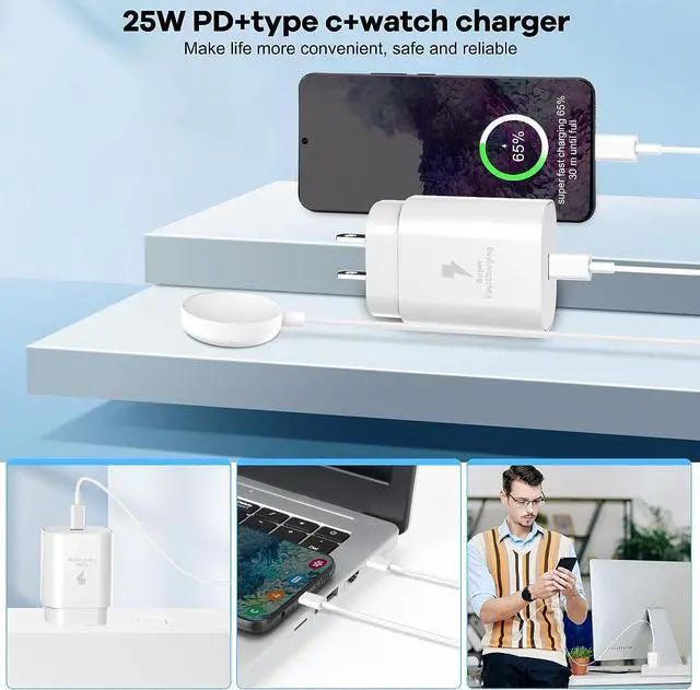 Alt view image 5 of 7 - 25W USB C Charger, 2 in 1 Watch Charger Compatible for Samsung Galaxy Watch 7/6/6 Classic/5 Pro/5/4/3/Active2/1 and Galaxy S24 Ultra/S23/22/21 Note20/10/9/Z Fold 4(4.9 ft)