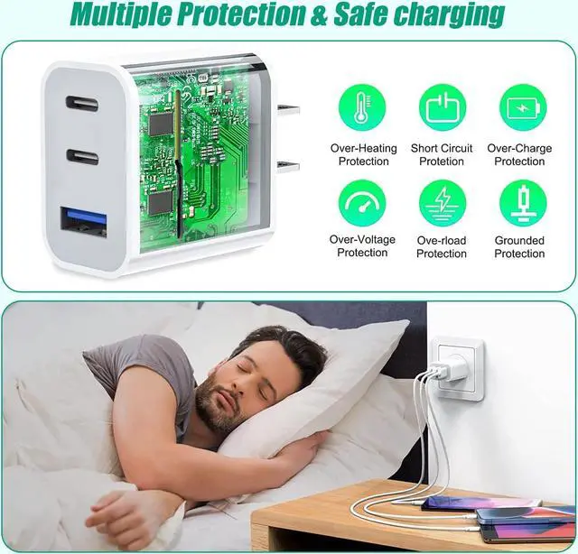 Alt view image 5 of 7 - [2-Pack] iPhone 15 Charger Block, 35W 3-Port Fast USB C Charger Block Dual Port PD Power Adapter + QC Wall Plug Multiport USB C Wall Charger Block for iPhone 15/15 Pro/15 Pro Max/15 Plus/14/13/12/11/X