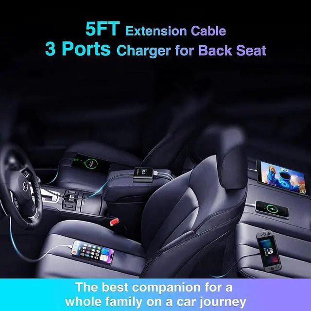 Alt view image 3 of 7 - kapebow 78W Fast Charging USB C Car Charger, 5 Port Car Phone Charger with Voltage Display, 5FT Extention PD&QC 3.0 Type C Car Charger for Back Seat for iPhone iPad Samsung Pixel Phones