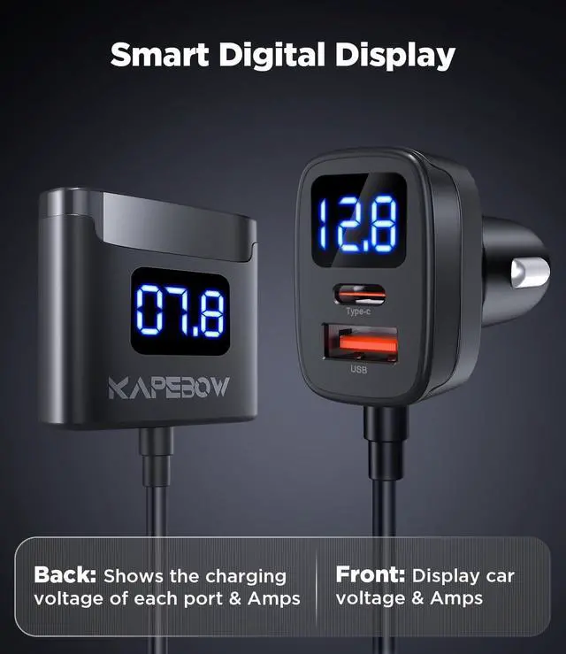 Alt view image 5 of 7 - kapebow 78W Fast Charging USB C Car Charger, 5 Port Car Phone Charger with Voltage Display, 5FT Extention PD&QC 3.0 Type C Car Charger for Back Seat for iPhone iPad Samsung Pixel Phones