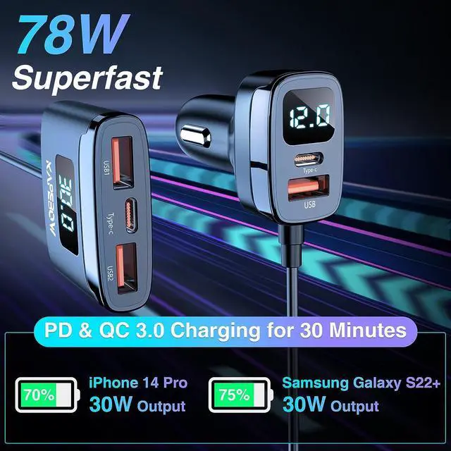 Alt view image 6 of 7 - kapebow 78W Fast Charging USB C Car Charger, 5 Port Car Phone Charger with Voltage Display, 5FT Extention PD&QC 3.0 Type C Car Charger for Back Seat for iPhone iPad Samsung Pixel Phones