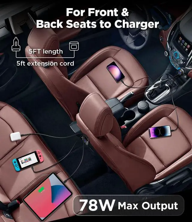 Alt view image 7 of 7 - kapebow 78W Fast Charging USB C Car Charger, 5 Port Car Phone Charger with Voltage Display, 5FT Extention PD&QC 3.0 Type C Car Charger for Back Seat for iPhone iPad Samsung Pixel Phones