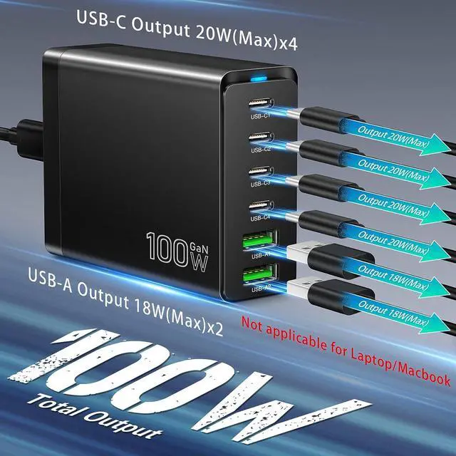 Alt view image 2 of 7 - Fast USB C Charging Station, Total 100W 6-Port Charger Block with 4 USB-C and 2 USB-A Ports Quick 3.0 Adapter Work for iPhone 16 15 14 13 Pro Max, iPad, Galaxy, Pixel Portable Multiport Hub (Black)