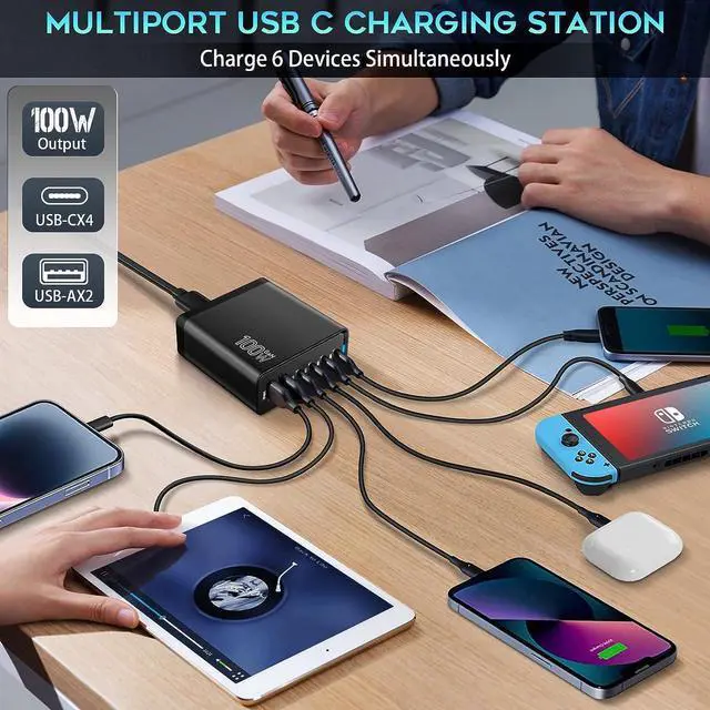 Alt view image 3 of 7 - Fast USB C Charging Station, Total 100W 6-Port Charger Block with 4 USB-C and 2 USB-A Ports Quick 3.0 Adapter Work for iPhone 16 15 14 13 Pro Max, iPad, Galaxy, Pixel Portable Multiport Hub (Black)