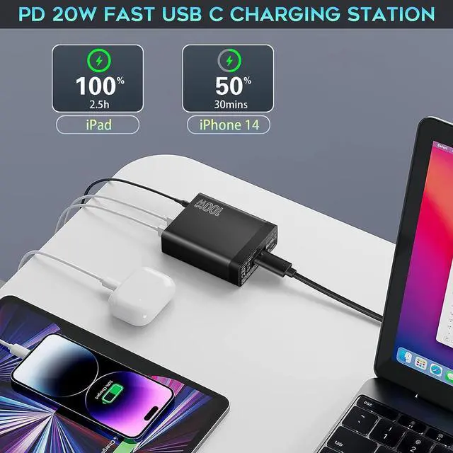 Alt view image 4 of 7 - Fast USB C Charging Station, Total 100W 6-Port Charger Block with 4 USB-C and 2 USB-A Ports Quick 3.0 Adapter Work for iPhone 16 15 14 13 Pro Max, iPad, Galaxy, Pixel Portable Multiport Hub (Black)