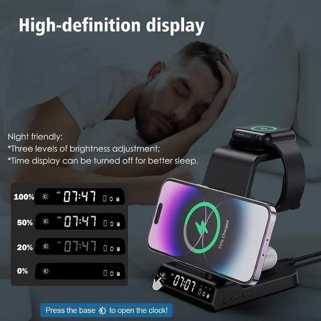 Alt view image 4 of 7 - Wireless Charging Station, YiJYi 3 in 1 Watch Charger Stand with Digital Clock Suitable for iWatch SE/6/5/4/3/2/1,AirPods Pro, for iPhone 16/15/14/13/12/11 Pro Max/XS/XR/X/8/Samsung S23/S22/S21