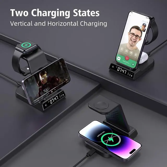 Alt view image 3 of 7 - Wireless Charging Station, YiJYi 3 in 1 Watch Charger Stand with Digital Clock Suitable for iWatch SE/6/5/4/3/2/1,AirPods Pro, for iPhone 16/15/14/13/12/11 Pro Max/XS/XR/X/8/Samsung S23/S22/S21