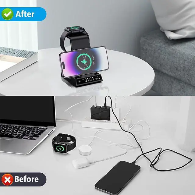 Alt view image 6 of 7 - Wireless Charging Station, YiJYi 3 in 1 Watch Charger Stand with Digital Clock Suitable for iWatch SE/6/5/4/3/2/1,AirPods Pro, for iPhone 16/15/14/13/12/11 Pro Max/XS/XR/X/8/Samsung S23/S22/S21