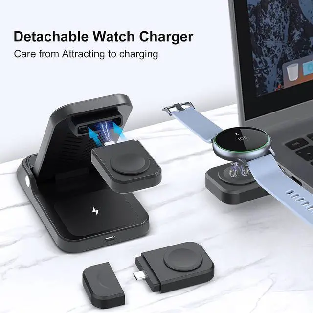Alt view image 3 of 6 - Wireless Charger for , RAUGEE Foldable 3 in 1 Fast Wireless Charging Station for  Galaxy S24/24+/24 Ultra/S23 Ultra/S23+/S22/Z Fold/Flip 5/4/ Stand for Galaxy Watch 6/5/4/3