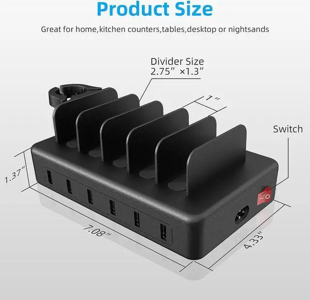 Alt view image 3 of 7 - Charging Station for Multiple Devices 50W 6 Ports USB Charger Station with  Watch Holder & 6 Cables Charging Dock for iPad Cellphone Kindle Tablet and Other Electronic (Black)