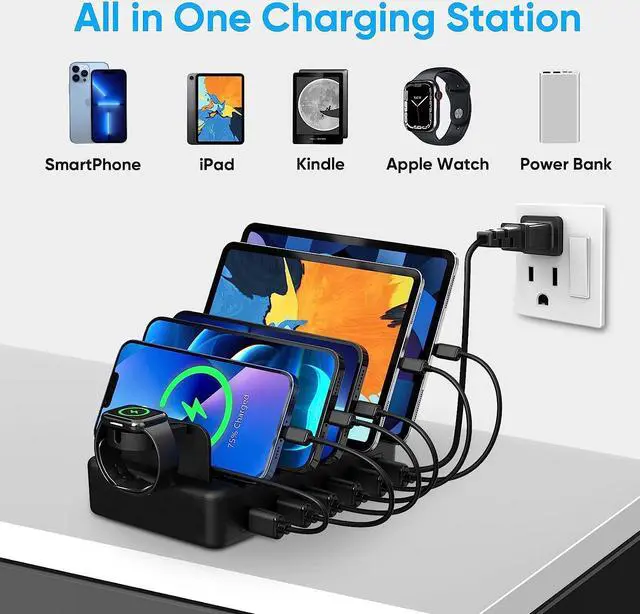 Alt view image 6 of 7 - Charging Station for Multiple Devices 50W 6 Ports USB Charger Station with  Watch Holder & 6 Cables Charging Dock for iPad Cellphone Kindle Tablet and Other Electronic (Black)