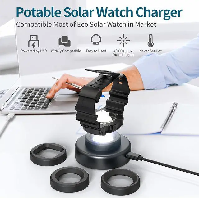 Alt view image 6 of 7 - Solar Watch Charger, 8 Hours Timing Off with Men, Women & Square 3 Caps, LED UV Light Charge Eco Driver Watches Compatible Casio/Tough/Protrek/Seiko/Citizen/Garmin/Timex/Bering/FANMIS (Black)