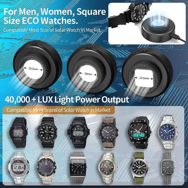 Alt view image 4 of 7 - Solar Watch Charger, 8 Hours Timing Off with Men, Women & Square 3 Caps, LED UV Light Charge Eco Driver Watches Compatible Casio/Tough/Protrek/Seiko/Citizen/Garmin/Timex/Bering/FANMIS (Black)