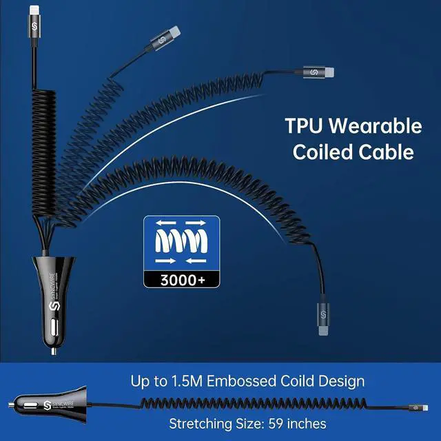 Alt view image 5 of 7 - Syncwire iPhone Car Charger - Upgrade [Apple MFi Certified] 4.8A/24W Car Charging Adapter with Built-in Coiled Lightning Cable for Apple iPhone 14/13/12/11/Xs/XS Max/XR/X/8/7/6 Plus, iPad & More