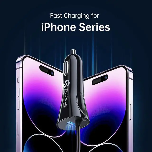 Alt view image 6 of 7 - Syncwire iPhone Car Charger - Upgrade [Apple MFi Certified] 4.8A/24W Car Charging Adapter with Built-in Coiled Lightning Cable for Apple iPhone 14/13/12/11/Xs/XS Max/XR/X/8/7/6 Plus, iPad & More