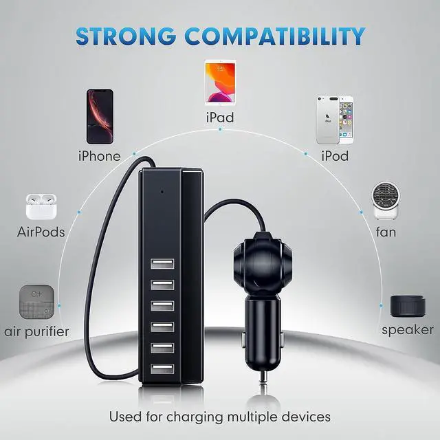 Alt view image 5 of 7 - USB Car Charger, 6-Port Fast 65W Car Charger Cigarette Lighter Adapter DC with Smart Identification Compatible with iPhone, Android, Tablet and Other USB Devices