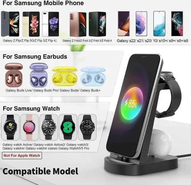 Alt view image 2 of 6 - Charging Station for Samsung Multiple Devices,3 in 1 Fast Charging Stand USB-C Charger for Galaxy Watch 5/5 Pro/4/3/Active,Galaxy S23/S22/S21/S20/S10/Note20/Note10/Z Flip 4/Z Fold 4/Galaxy Buds