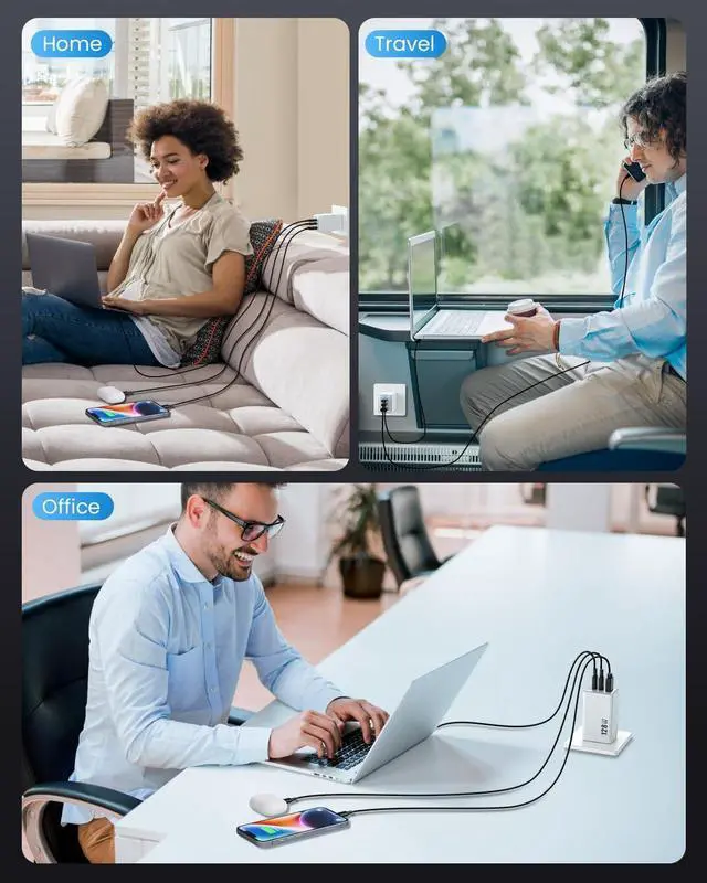 Alt view image 3 of 7 - 128W USB C Wall Charger,GaN III 3-Port Fast Charging Station,PD QC Foldable Charger Block Portable 65W USB C Laptop Adapter for MacBook Pro/Air,iPad Pro,Galaxy S23,Dell XPS 13,iPhone 15/Pro (White)