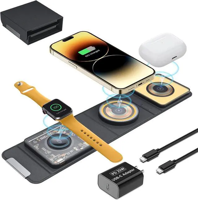 Main image of Mag-Safe 3 in 1 Charging Station for Apple, [with 25W Adapter] Foldable Magnetic Wireless Charger, 15W Fast Charging Pad Travel Charger for Multple Devices for iPhone 15 14 13 12, Apple Watch, AirPods