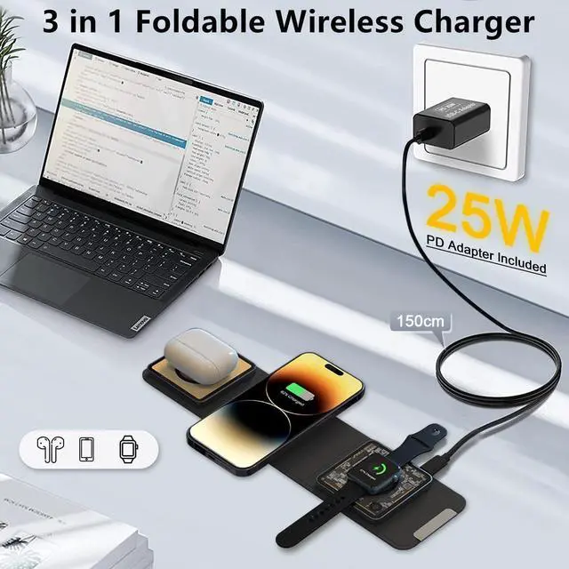 Alt view image 3 of 7 - Mag-Safe 3 in 1 Charging Station for Apple, [with 25W Adapter] Foldable Magnetic Wireless Charger, 15W Fast Charging Pad Travel Charger for Multple Devices for iPhone 15 14 13 12, Apple Watch, AirPods