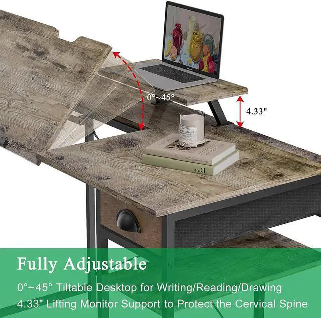 Alt view image 6 of 7 - X-cosrack Computer Desk with Storage Shelves Drawer, 43 Home Office Desk with Monitor Stand, Adjustable & Tiltable Draft Drawing Table Writing Study Workstation for Home Office Artist