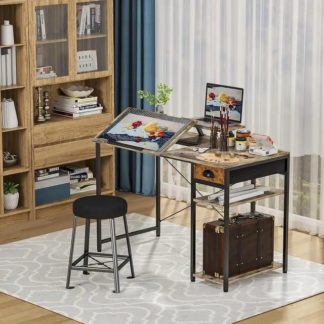 Alt view image 7 of 7 - X-cosrack Computer Desk with Storage Shelves Drawer, 43 Home Office Desk with Monitor Stand, Adjustable & Tiltable Draft Drawing Table Writing Study Workstation for Home Office Artist