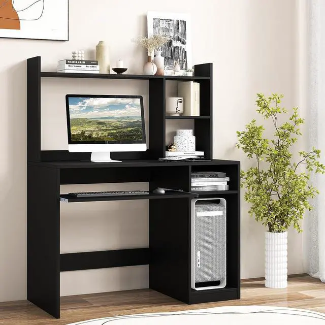 Alt view image 2 of 7 - Tangkula Computer Desk with Storage Hutch & Charging Station, Home Office Study Writing Desk with Bookshelf, Keyboard Tray & CPU Stand, Modern Laptop PC Desk, Computer Workstation for Study, Bedroom