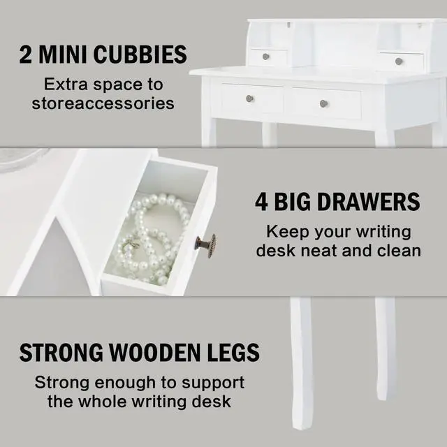 Alt view image 4 of 7 - DMAITH Writing Desk with Storage Drawers, 32 Inch White Secretary Desk for Home Office, Computer Desk with Drawres, Small Vanity Desk for Bedroom