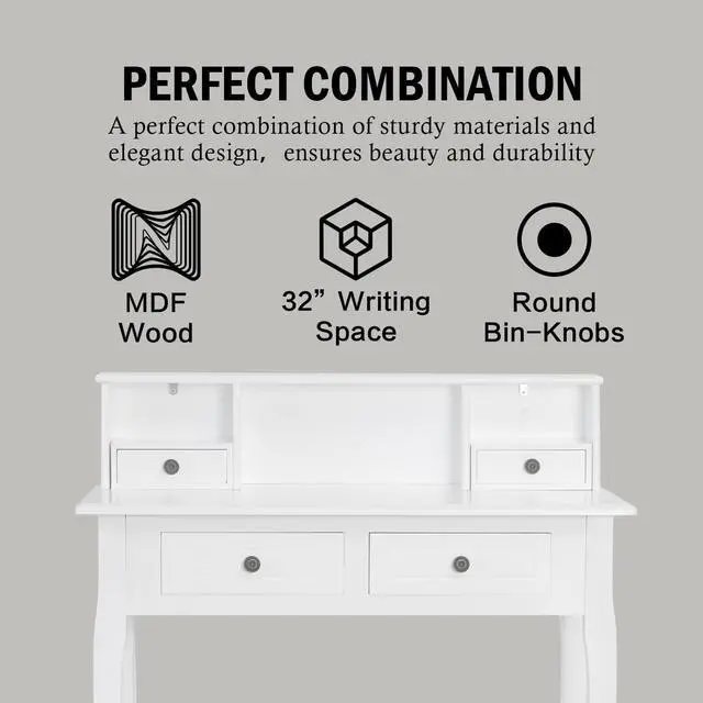 Alt view image 5 of 7 - DMAITH Writing Desk with Storage Drawers, 32 Inch White Secretary Desk for Home Office, Computer Desk with Drawres, Small Vanity Desk for Bedroom