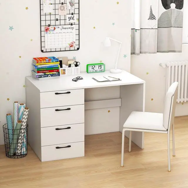 Alt view image 2 of 7 - Computer Desk with Drawers, 43.5 Study Table with Storage, Wood Makeup Vanity Table, Modern Writing Desk for Study, Home Office, Living Room, Bedroom (White, 43.5'')