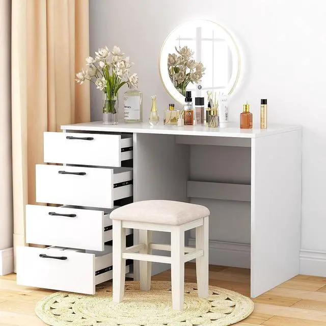 Alt view image 4 of 7 - Computer Desk with Drawers, 43.5 Study Table with Storage, Wood Makeup Vanity Table, Modern Writing Desk for Study, Home Office, Living Room, Bedroom (White, 43.5'')