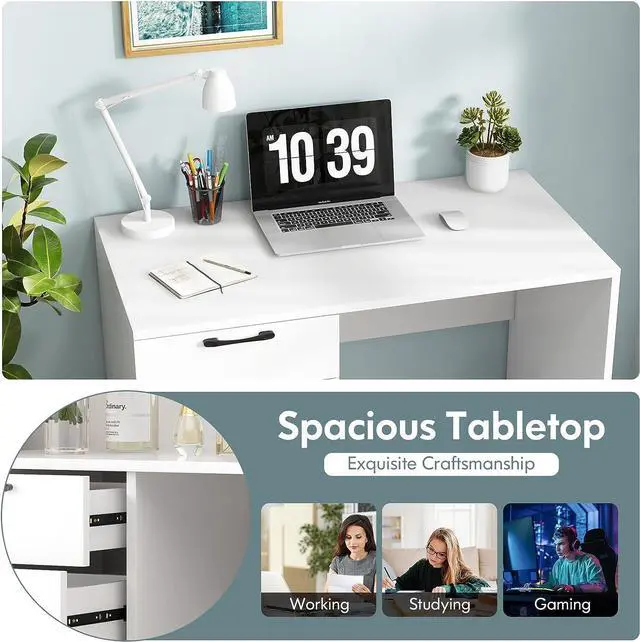 Alt view image 5 of 7 - Computer Desk with Drawers, 43.5 Study Table with Storage, Wood Makeup Vanity Table, Modern Writing Desk for Study, Home Office, Living Room, Bedroom (White, 43.5'')