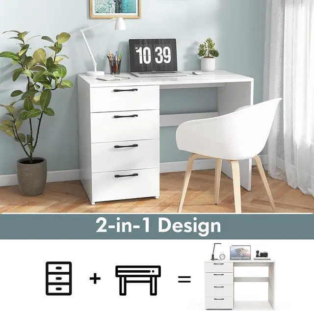 Alt view image 6 of 7 - Computer Desk with Drawers, 43.5 Study Table with Storage, Wood Makeup Vanity Table, Modern Writing Desk for Study, Home Office, Living Room, Bedroom (White, 43.5'')