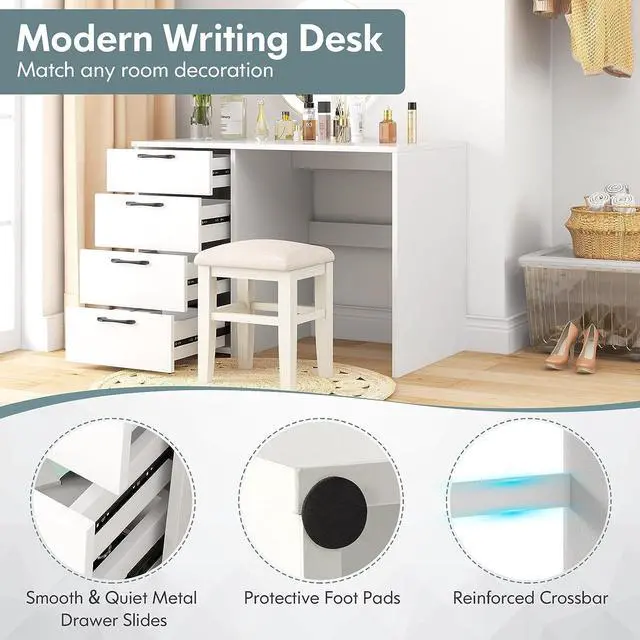 Alt view image 7 of 7 - Computer Desk with Drawers, 43.5 Study Table with Storage, Wood Makeup Vanity Table, Modern Writing Desk for Study, Home Office, Living Room, Bedroom (White, 43.5'')