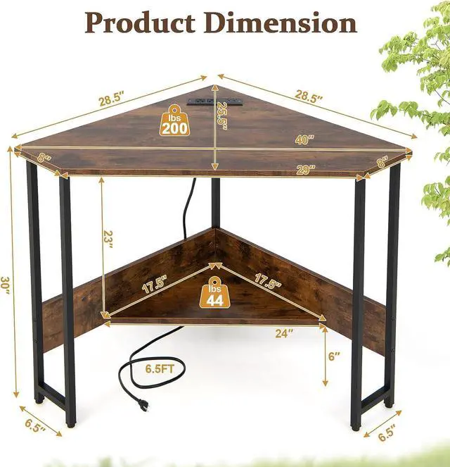 Alt view image 3 of 7 - COSTWAY Corner Computer Desk, with USB Ports & Power Outlet, Storage Shelf for Small Space, Triangle Steel Frame Corner Desk for Home Office, Workstation (Rustic Brown)