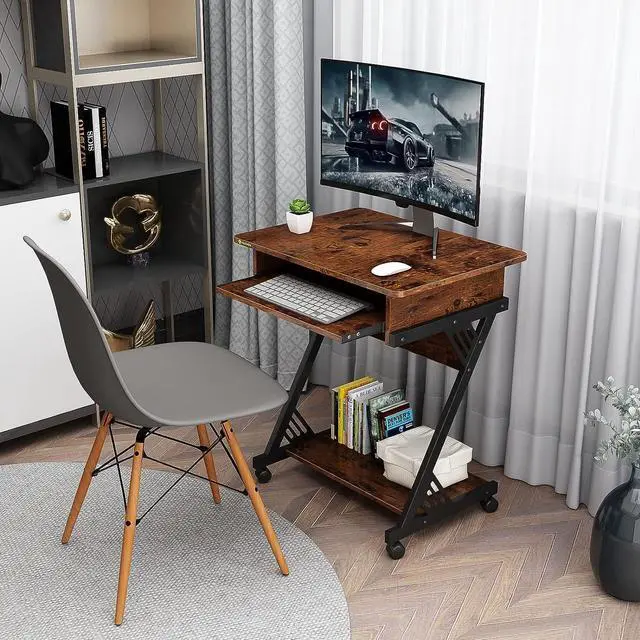 Alt view image 2 of 7 - NEWSENDY Computer Desk with Keyboard Tray, 23.6 inch Rolling Small Desk with Wheels, Computer Cart with Storage, Mobile Desk Z Shaped for PC, Home Office, Brown
