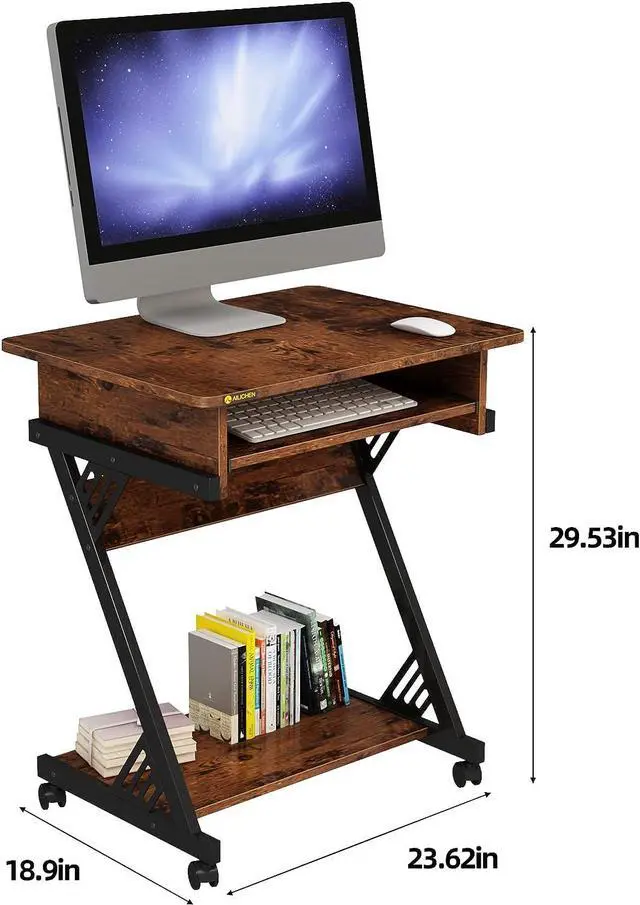 Alt view image 3 of 7 - NEWSENDY Computer Desk with Keyboard Tray, 23.6 inch Rolling Small Desk with Wheels, Computer Cart with Storage, Mobile Desk Z Shaped for PC, Home Office, Brown
