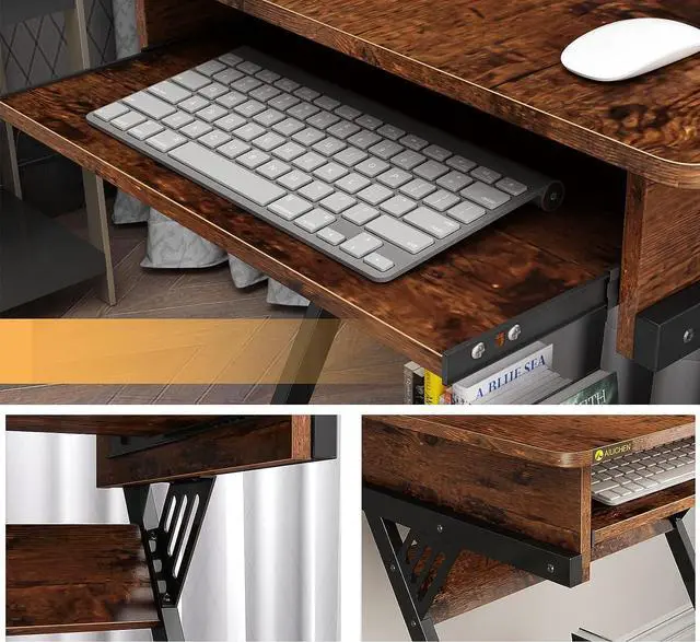 Alt view image 5 of 7 - NEWSENDY Computer Desk with Keyboard Tray, 23.6 inch Rolling Small Desk with Wheels, Computer Cart with Storage, Mobile Desk Z Shaped for PC, Home Office, Brown