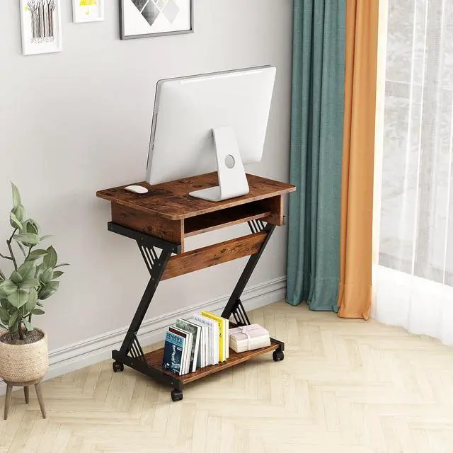 Alt view image 6 of 7 - NEWSENDY Computer Desk with Keyboard Tray, 23.6 inch Rolling Small Desk with Wheels, Computer Cart with Storage, Mobile Desk Z Shaped for PC, Home Office, Brown