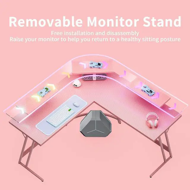 Alt view image 4 of 7 - 51 Pink L Shaped Gaming Desk, Corner Desk with Monitor Stand, Computer PC Table for Home Office Writing Studying Working, Girl Gamer-Friendly, Space-Saving, Easy Assemble(Pink)