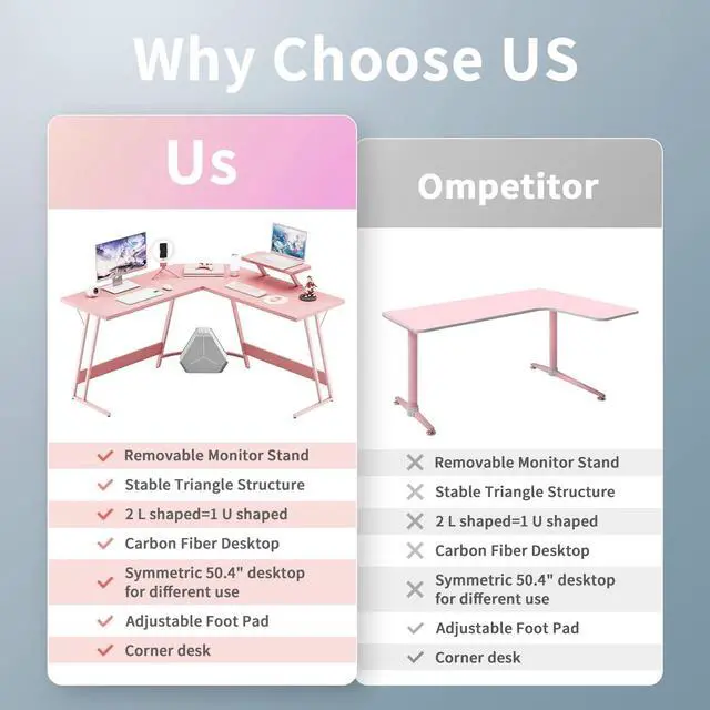 Alt view image 6 of 7 - 51 Pink L Shaped Gaming Desk, Corner Desk with Monitor Stand, Computer PC Table for Home Office Writing Studying Working, Girl Gamer-Friendly, Space-Saving, Easy Assemble(Pink)
