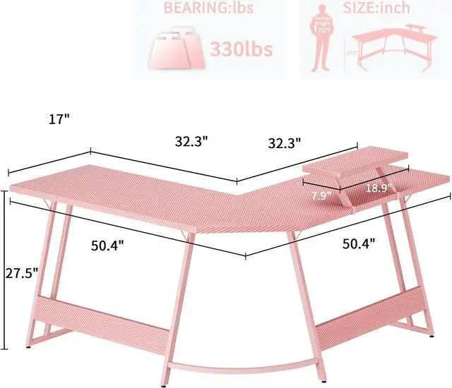 Alt view image 2 of 7 - 51 Pink L Shaped Gaming Desk, Corner Desk with Monitor Stand, Computer PC Table for Home Office Writing Studying Working, Girl Gamer-Friendly, Space-Saving, Easy Assemble(Pink)