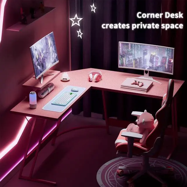 Alt view image 7 of 7 - 51 Pink L Shaped Gaming Desk, Corner Desk with Monitor Stand, Computer PC Table for Home Office Writing Studying Working, Girl Gamer-Friendly, Space-Saving, Easy Assemble(Pink)
