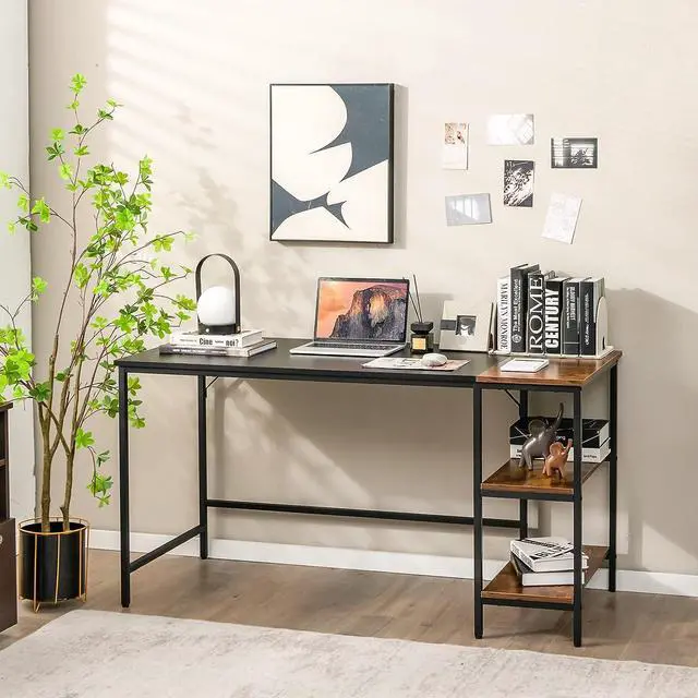 Alt view image 4 of 7 - Tangkula 55 Computer Desk, Large Home Office Desk with 2-Tier Storage Shelves, Modern Laptop PC Desk with Heavy-Duty Steel Frame, Multipurpose Writing Desk Study Desk (Black)