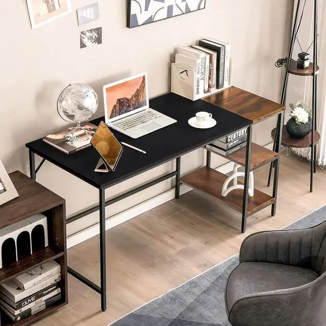 Alt view image 2 of 7 - Tangkula 55 Computer Desk, Large Home Office Desk with 2-Tier Storage Shelves, Modern Laptop PC Desk with Heavy-Duty Steel Frame, Multipurpose Writing Desk Study Desk (Black)