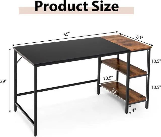 Alt view image 3 of 7 - Tangkula 55 Computer Desk, Large Home Office Desk with 2-Tier Storage Shelves, Modern Laptop PC Desk with Heavy-Duty Steel Frame, Multipurpose Writing Desk Study Desk (Black)
